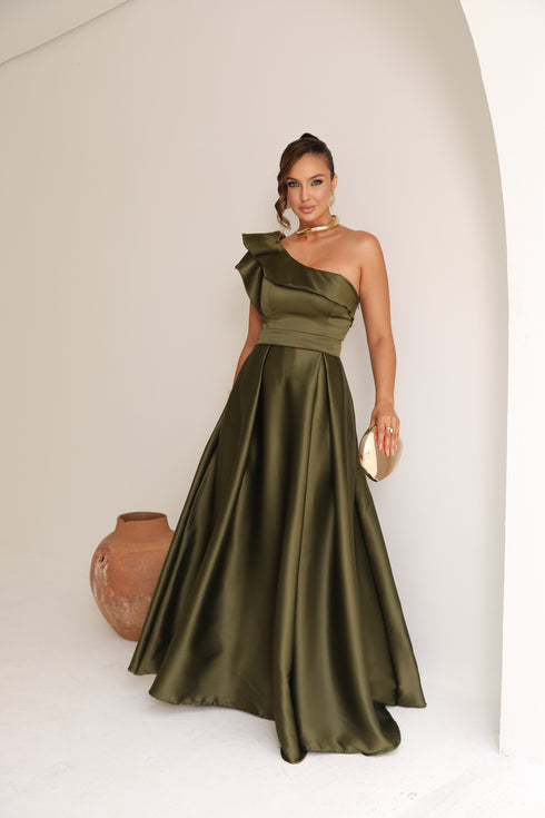 VESTIDO LISO UM OMBRO SÓ BABADO VESTIDO DE FESTA PETRA FINA